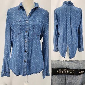 Kenneth Cole Reaction Womens Large Chambray Tencel Roll Tab Split Back Shirt
